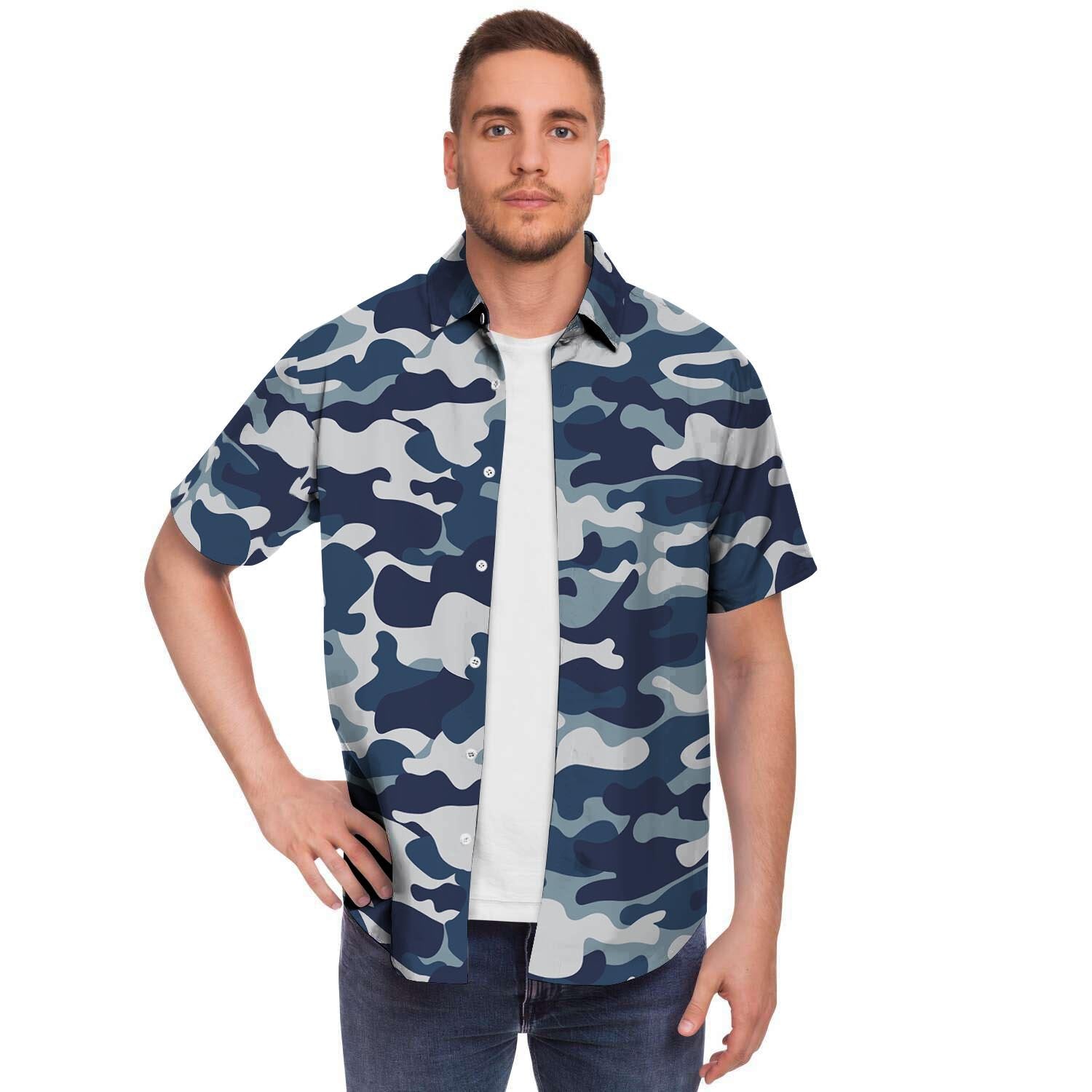 Blue Navy Camo Print Men's Short Sleeve Shirt-grizzshop