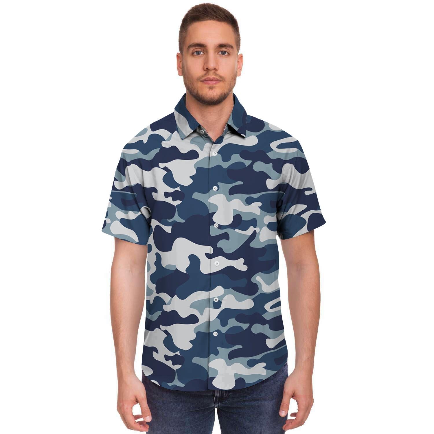 Blue Navy Camo Print Men's Short Sleeve Shirt-grizzshop