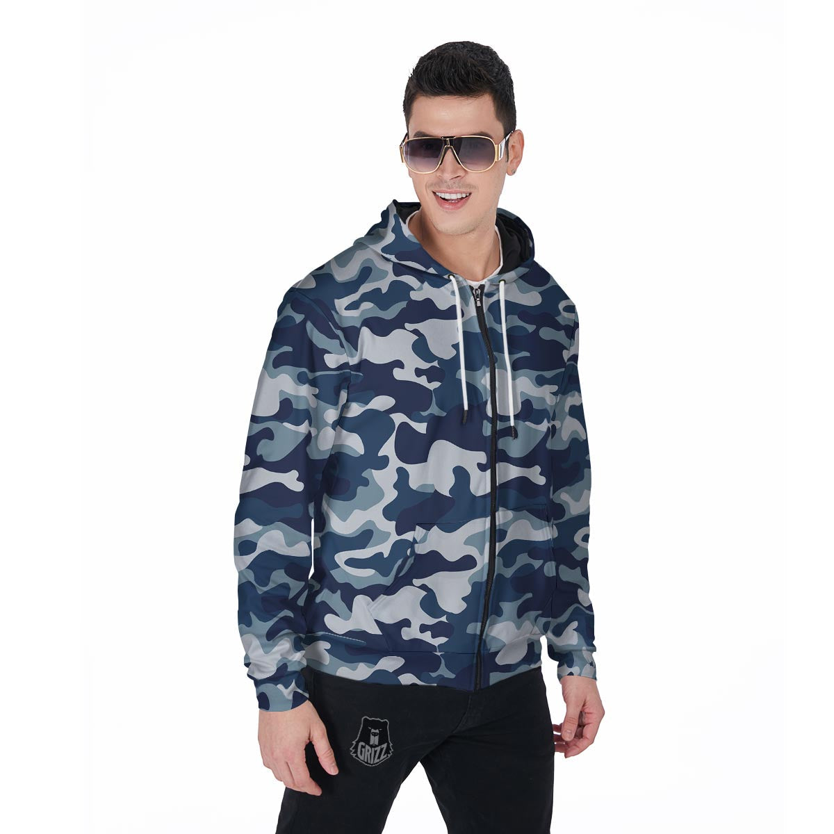 Blue Navy Camo Print Men's Zip Up Hoodie-grizzshop