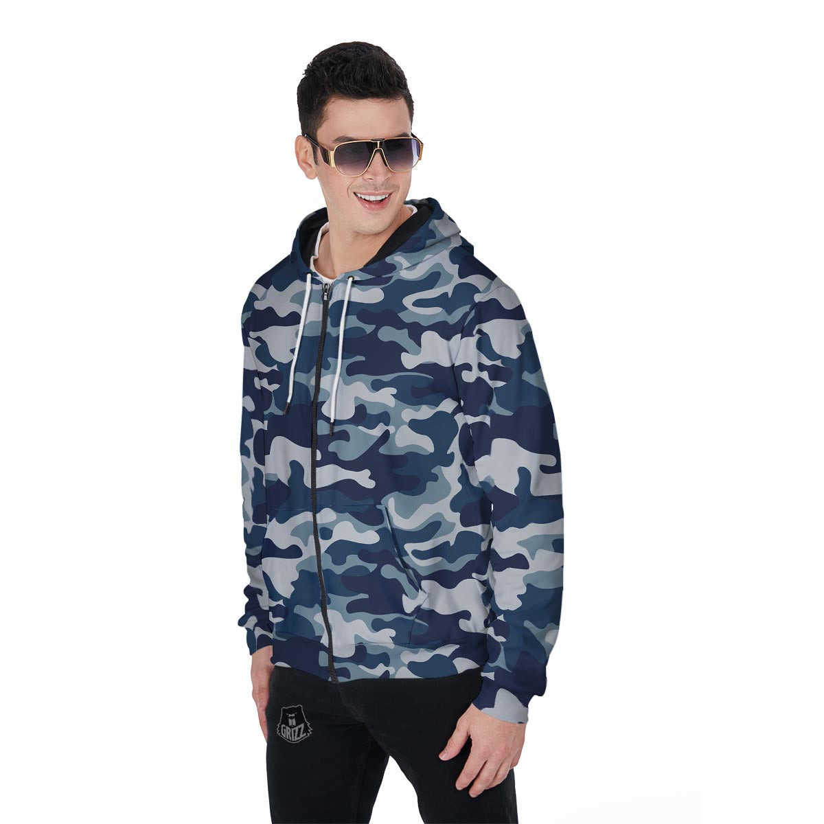 Blue Navy Camo Print Men's Zip Up Hoodie-grizzshop
