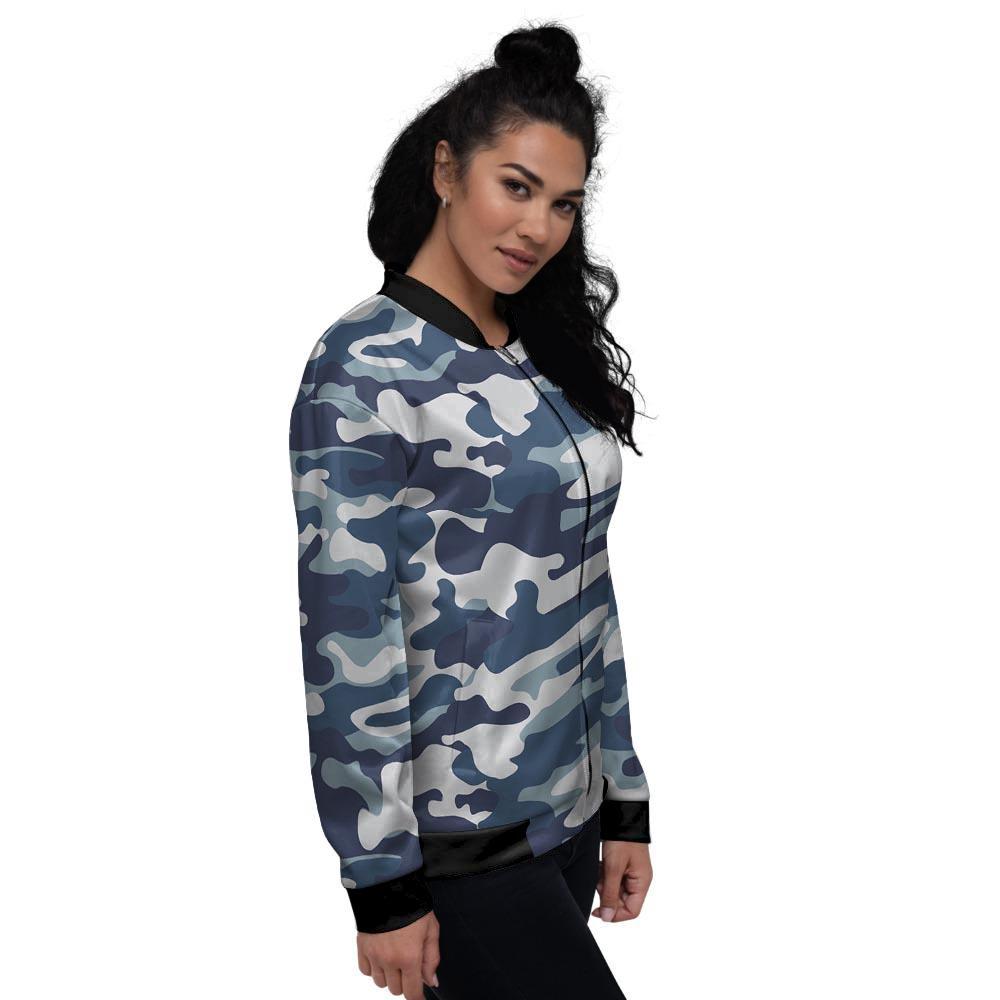Blue Navy Camo Print Women's Bomber Jacket-grizzshop