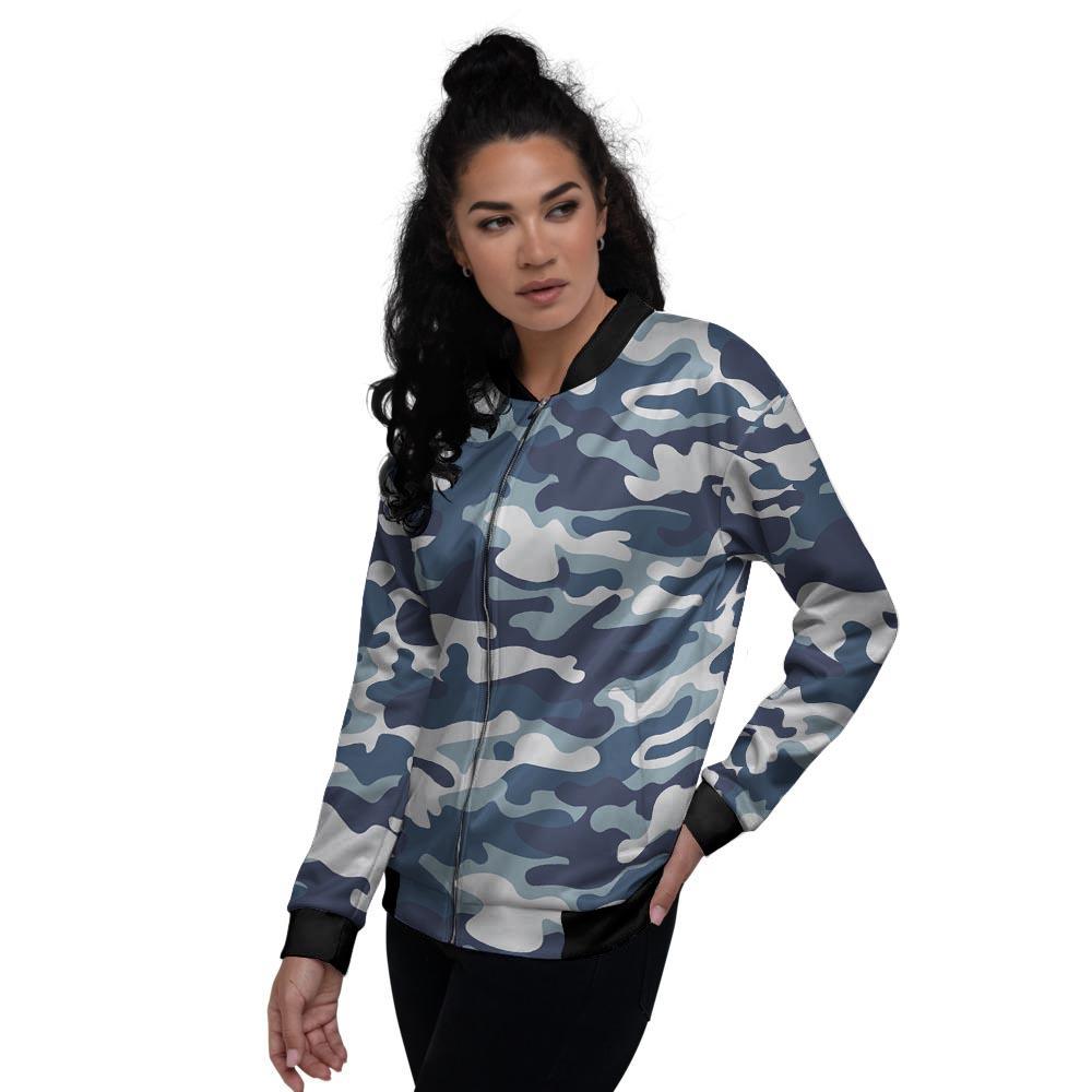 Blue Navy Camo Print Women's Bomber Jacket-grizzshop