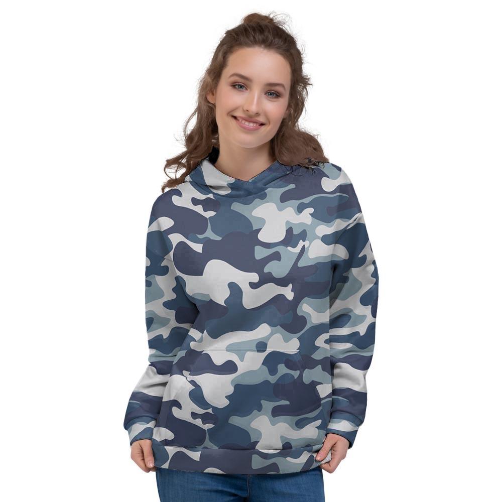 Blue Navy Camo Print Women's Hoodie-grizzshop