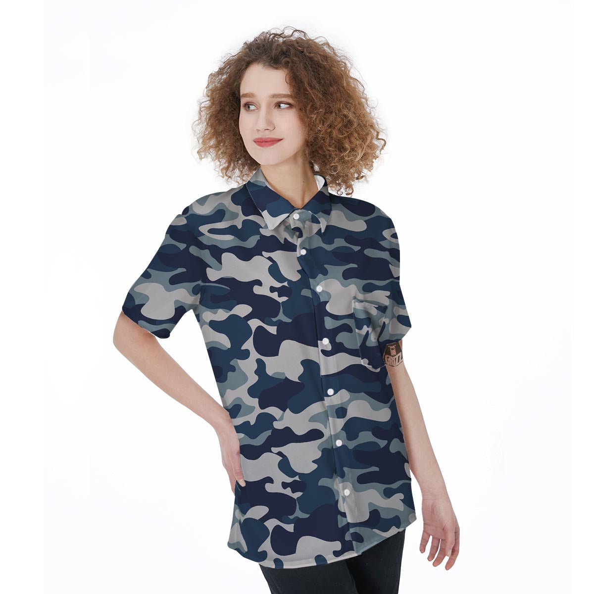 Blue Navy Camo Print Women's Short Sleeve Shirts-grizzshop