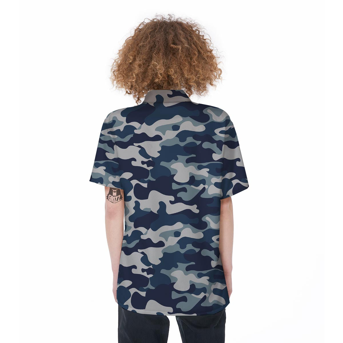 Blue Navy Camo Print Women's Short Sleeve Shirts-grizzshop