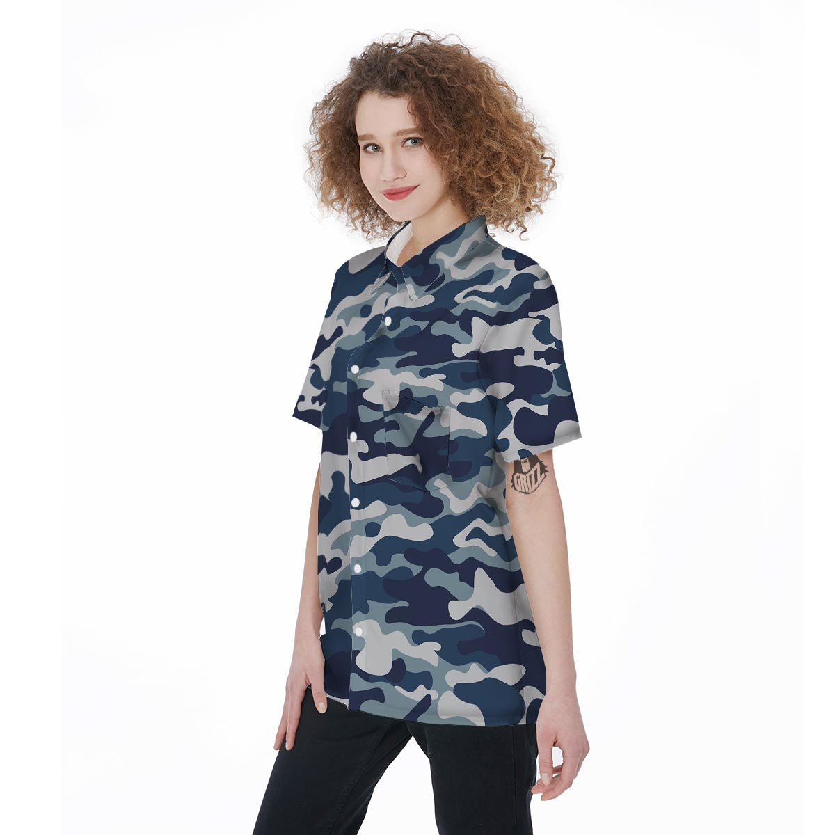 Blue Navy Camo Print Women's Short Sleeve Shirts-grizzshop