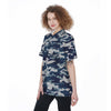 Blue Navy Camo Print Women's Short Sleeve Shirts-grizzshop