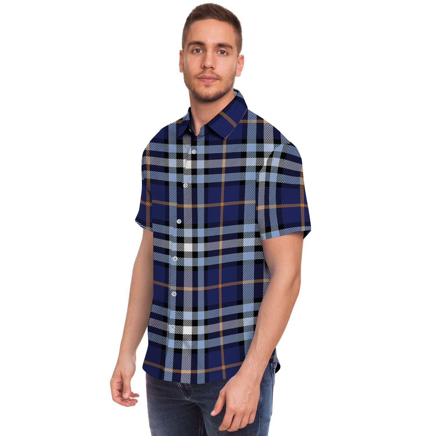 Blue Navy Plaid Tartan Men's Short Sleeve Shirt-grizzshop