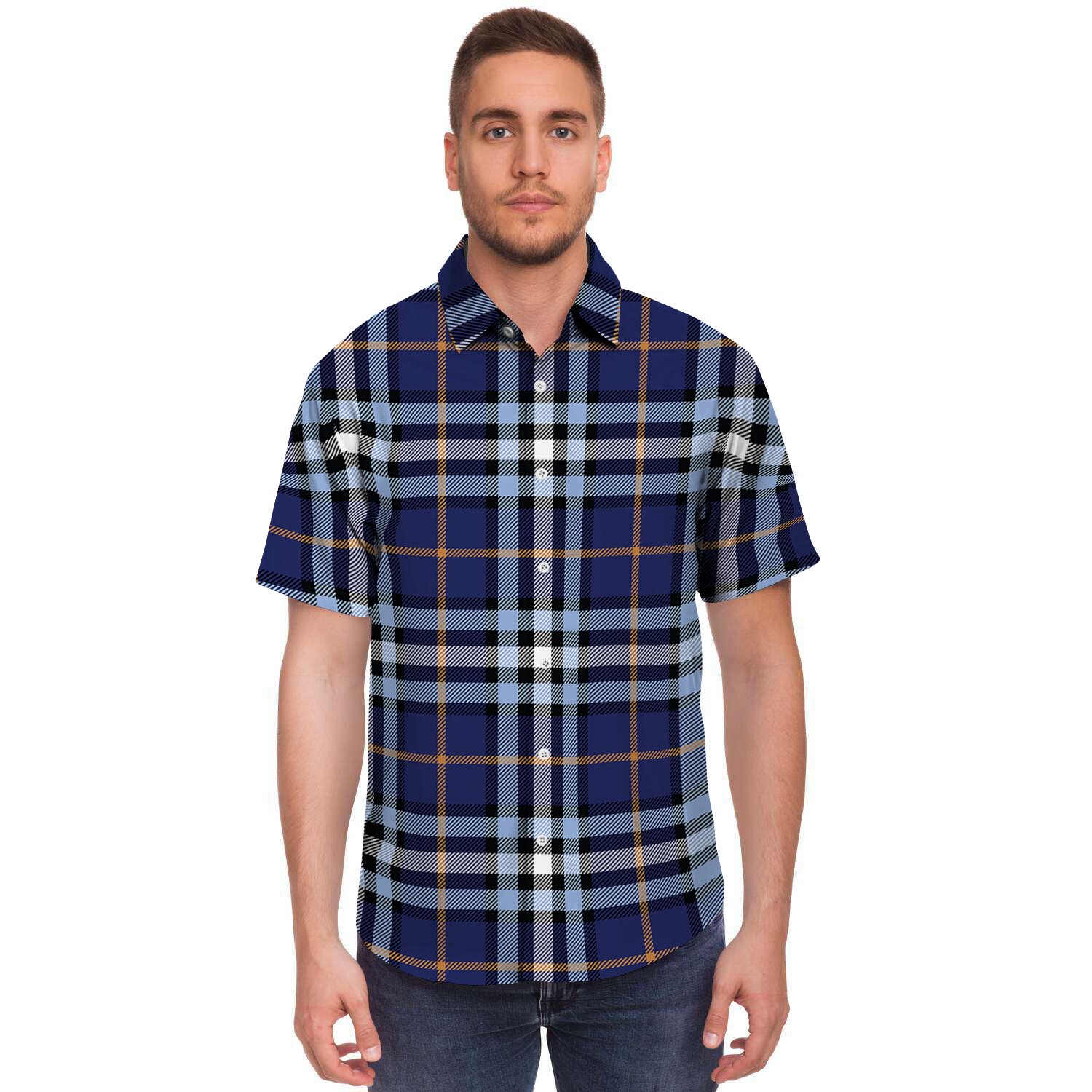 Blue Navy Plaid Tartan Men's Short Sleeve Shirt-grizzshop