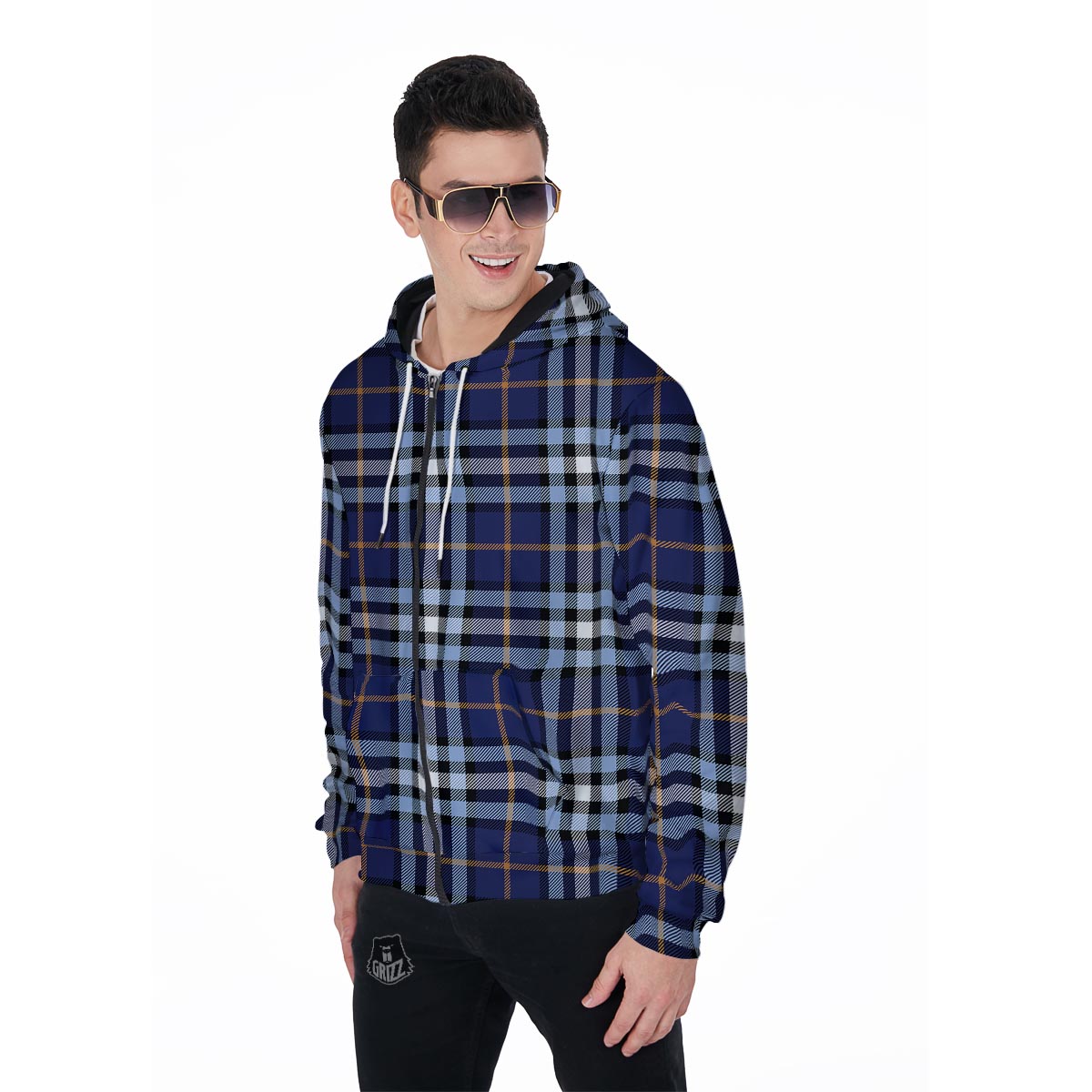 Blue Navy Plaid Tartan Men's Zip Up Hoodie-grizzshop