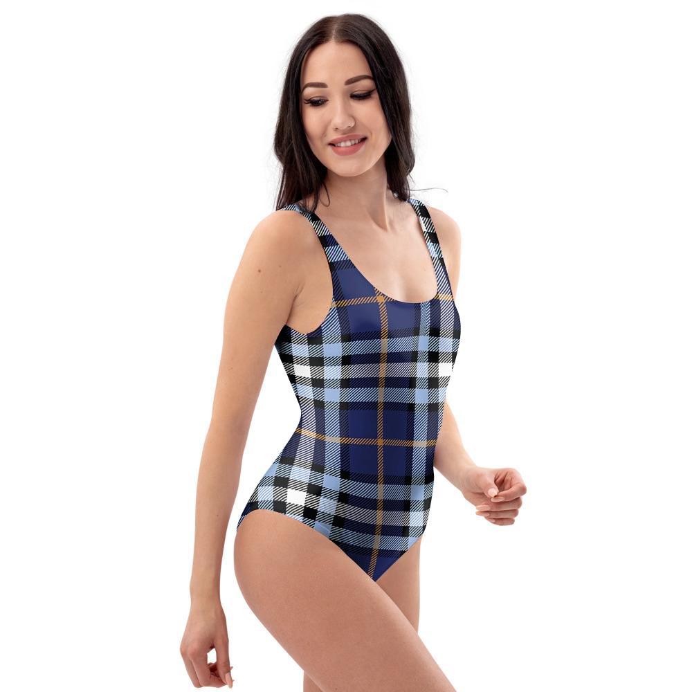 Blue Navy Plaid Tartan One Piece Swimsuite-grizzshop