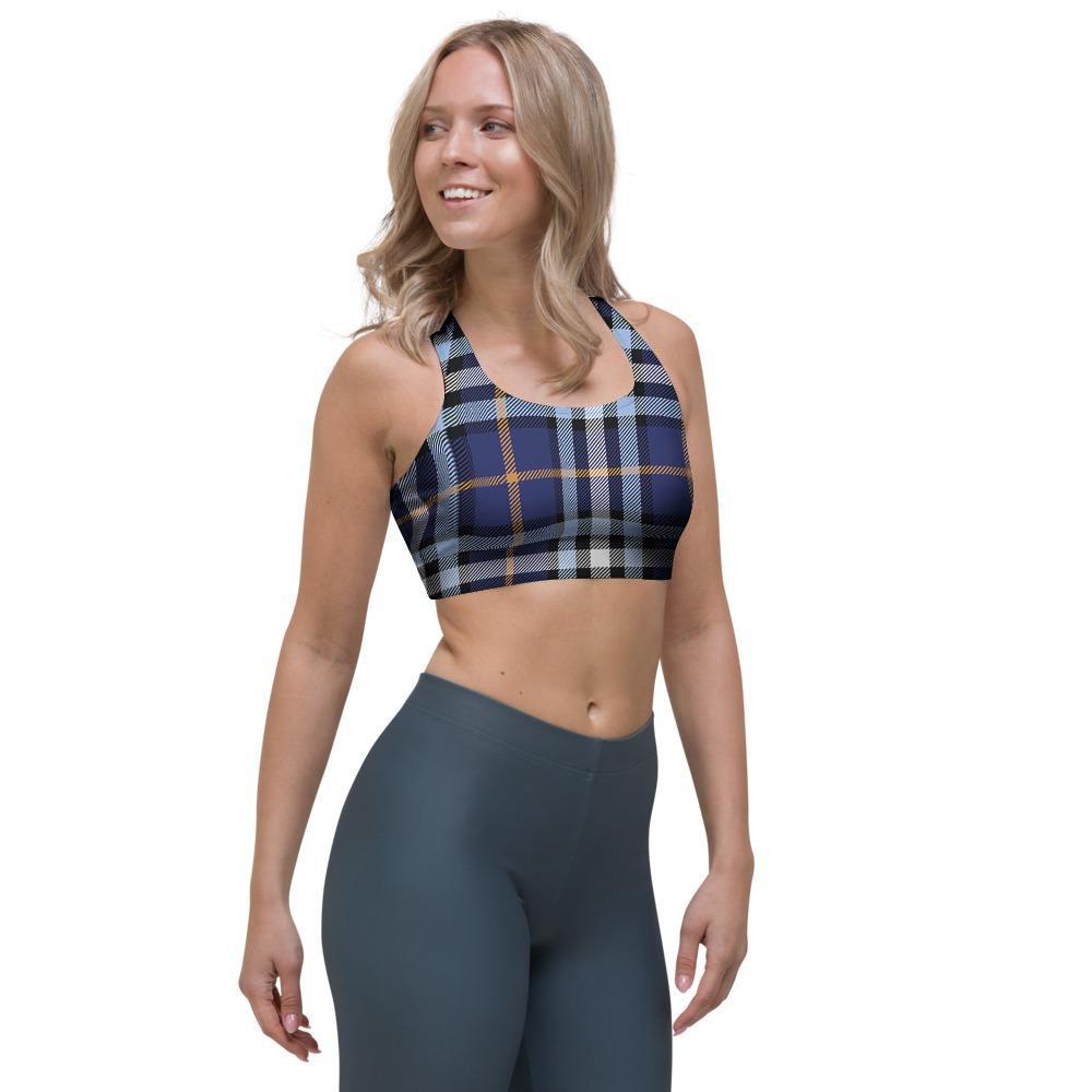 Blue Navy Plaid Tartan Sports Bra-grizzshop