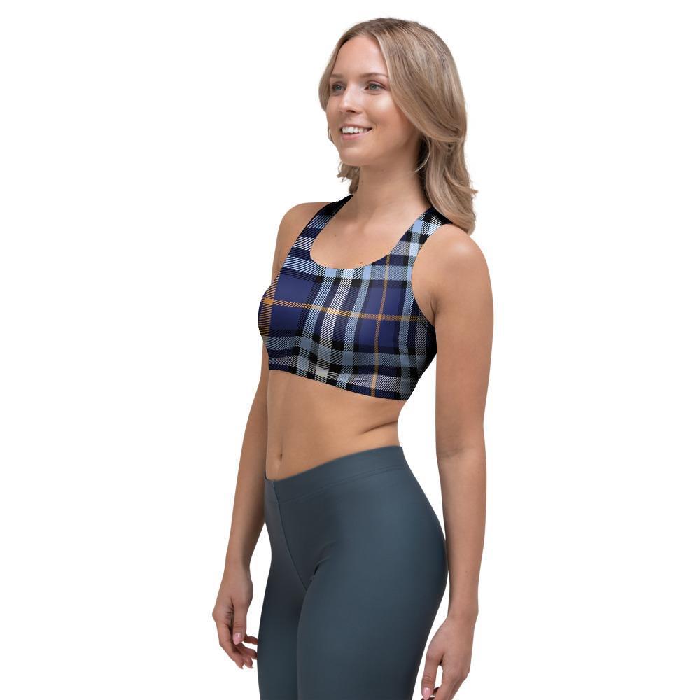 Blue Navy Plaid Tartan Sports Bra-grizzshop