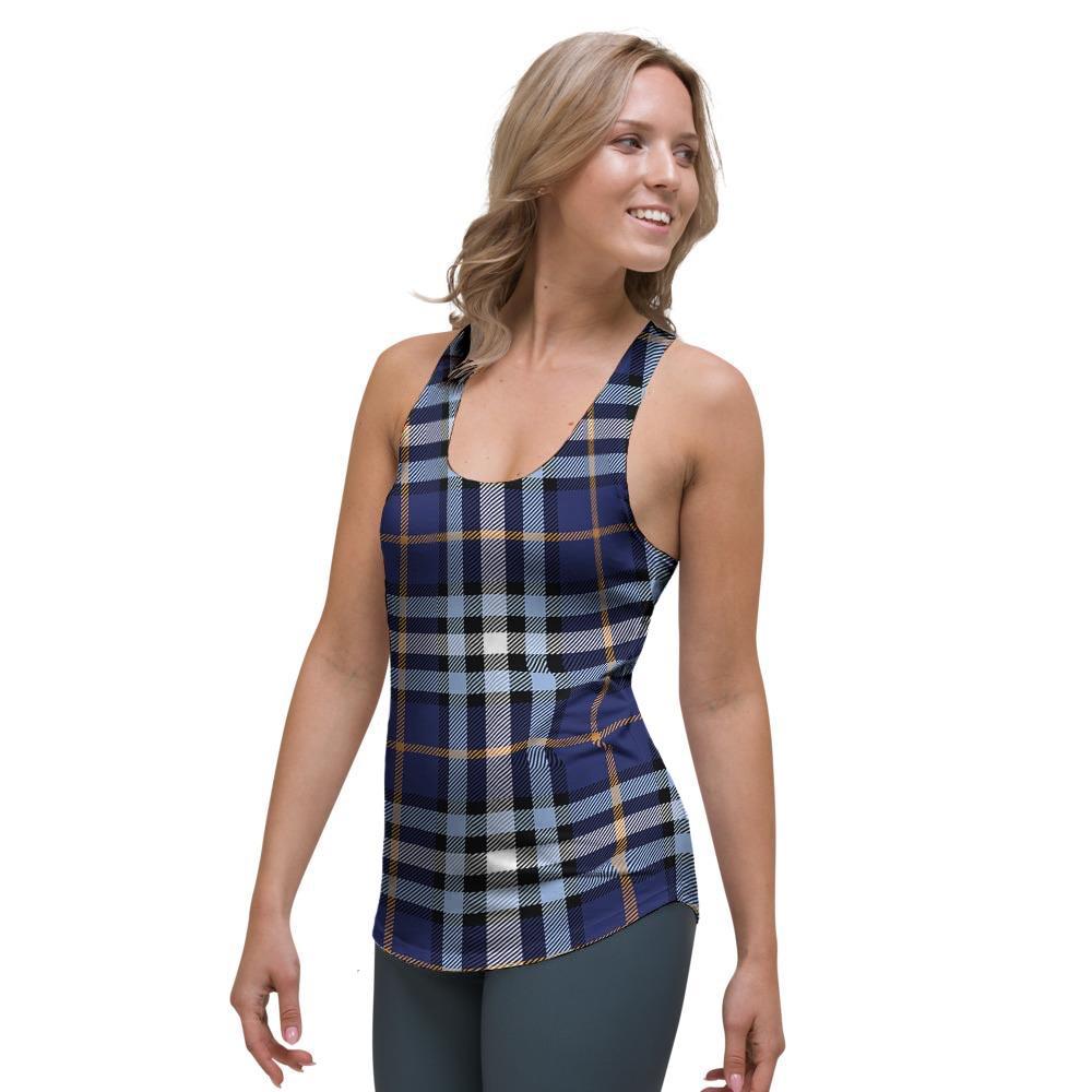 Blue Navy Plaid Tartan Women's Racerback Tank Top-grizzshop