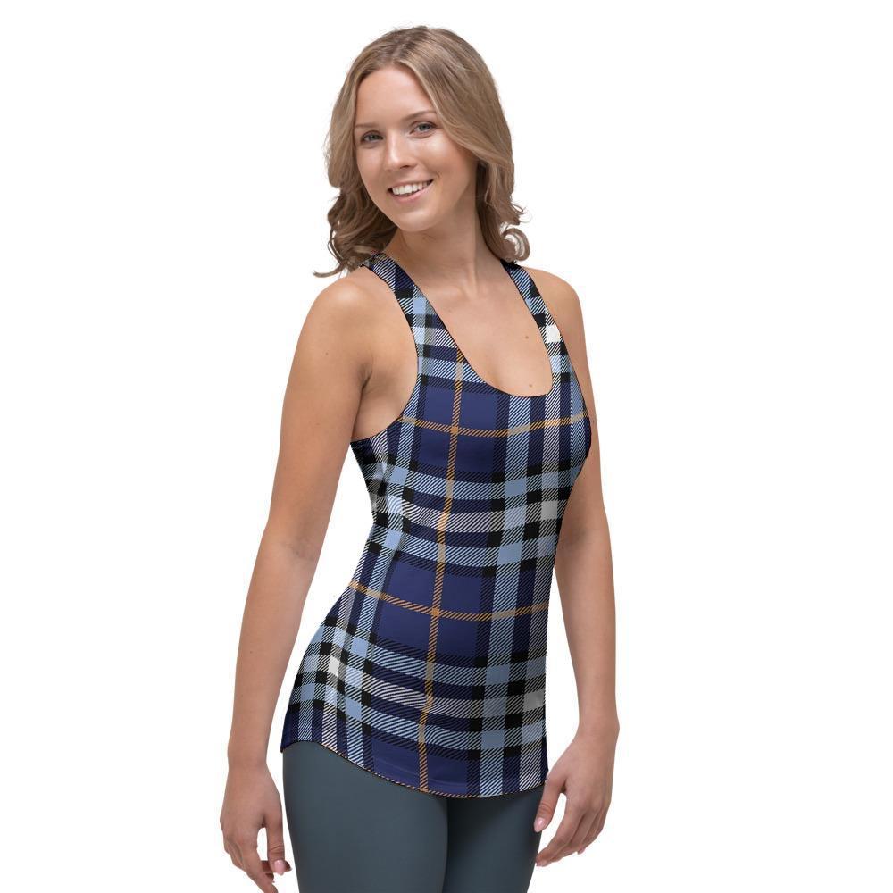 Blue Navy Plaid Tartan Women's Racerback Tank Top-grizzshop