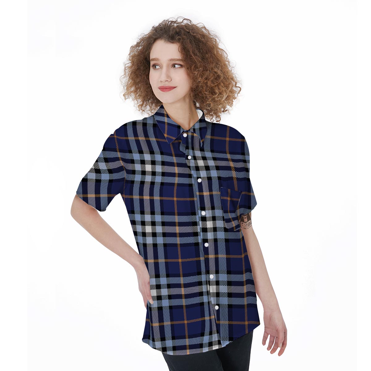 Blue Navy Plaid Tartan Women's Short Sleeve Shirts-grizzshop