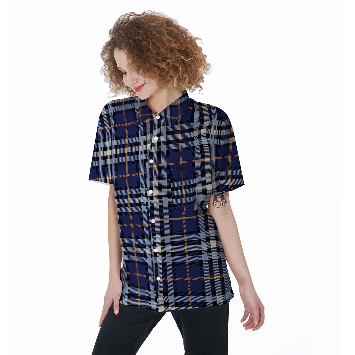 Blue Navy Plaid Tartan Women's Short Sleeve Shirts-grizzshop