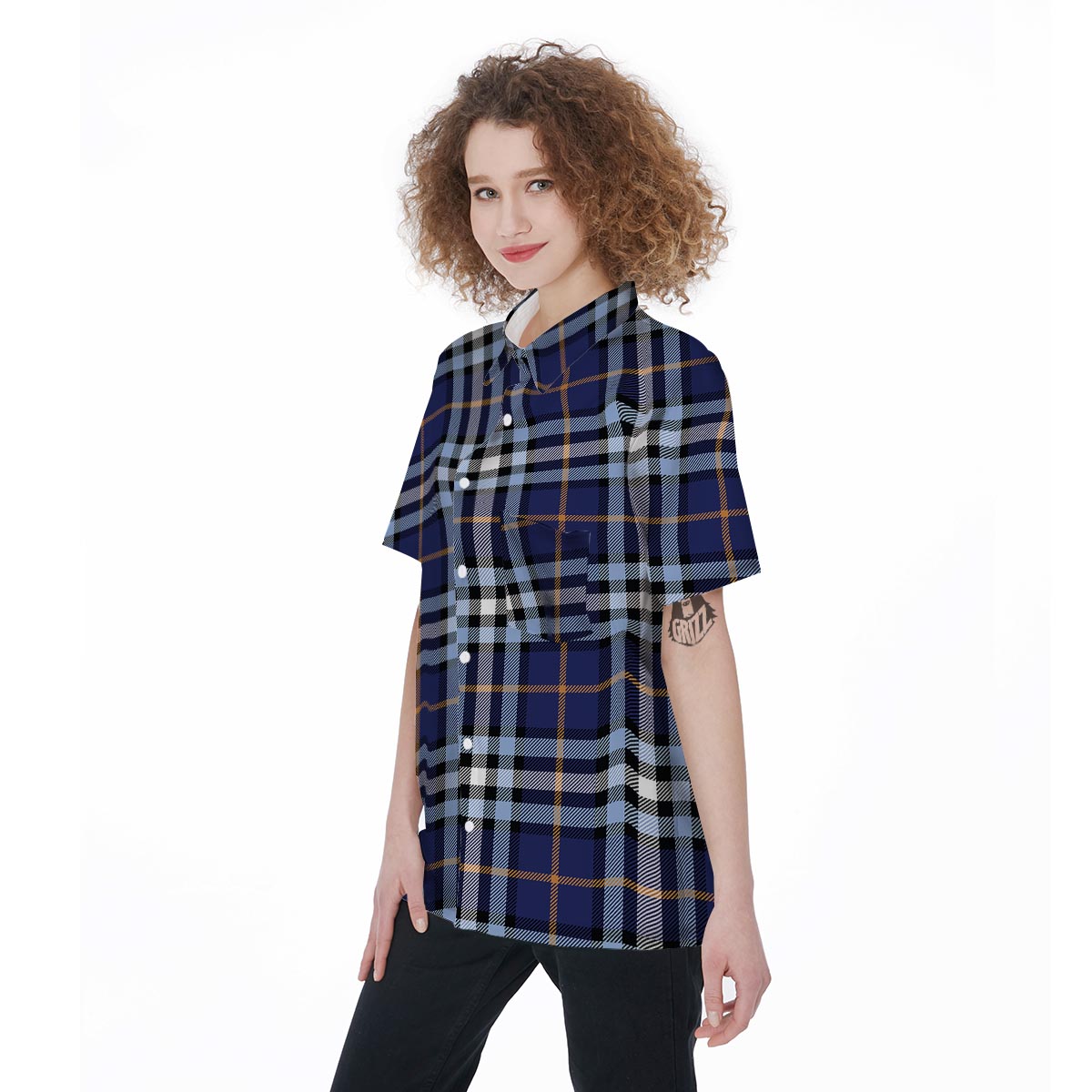 Blue Navy Plaid Tartan Women's Short Sleeve Shirts-grizzshop