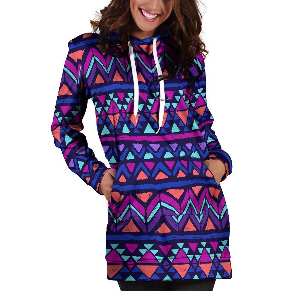 Blue Neon Color Indian Aztec Hoodie Dress-grizzshop