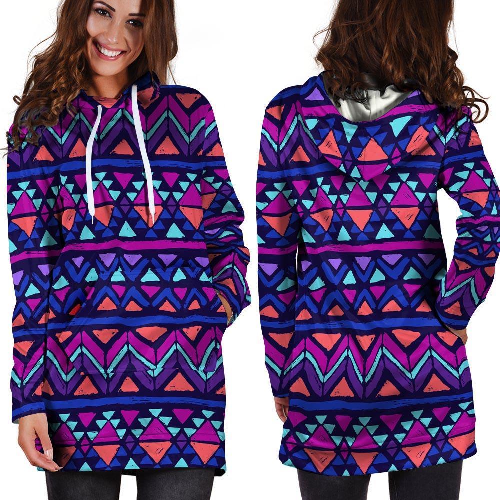 Blue Neon Color Indian Aztec Hoodie Dress-grizzshop
