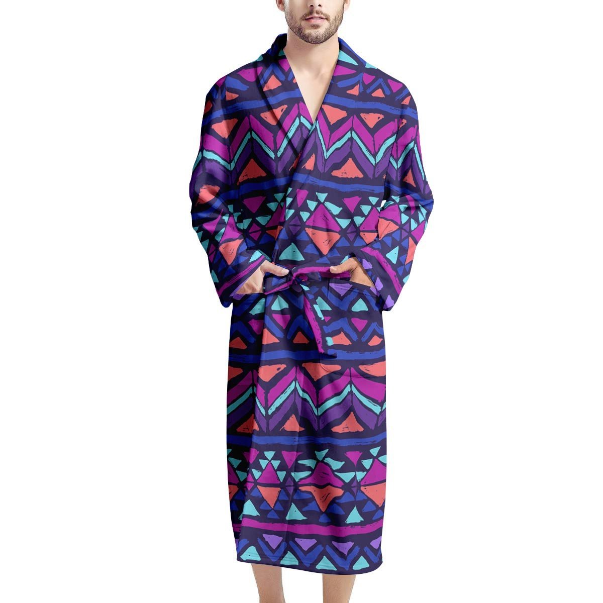Blue Neon Color Indian Aztec Men's Robe-grizzshop