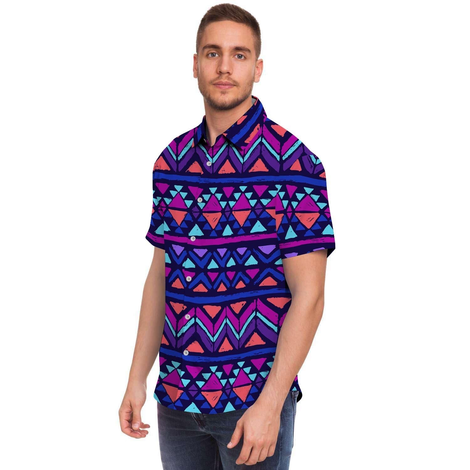 Blue Neon Color Indian Aztec Men's Short Sleeve Shirt-grizzshop