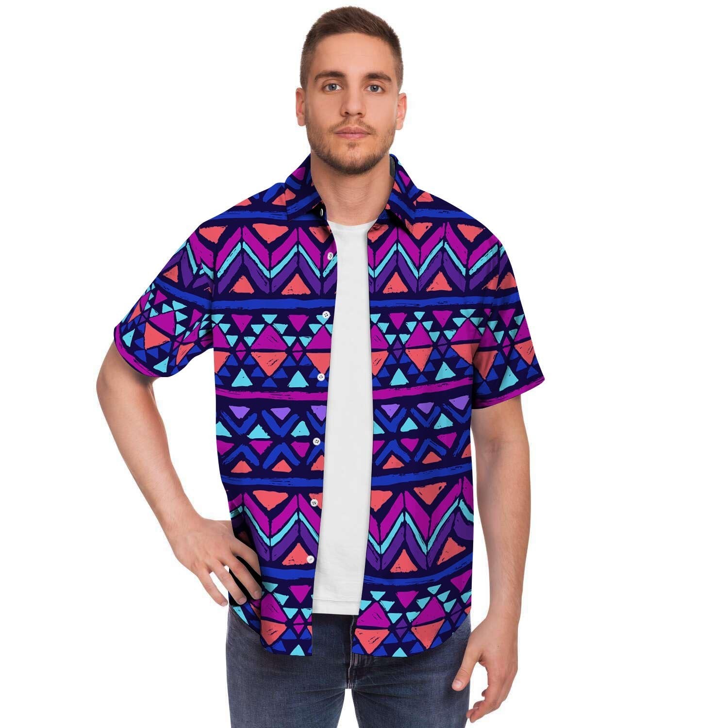 Blue Neon Color Indian Aztec Men's Short Sleeve Shirt-grizzshop