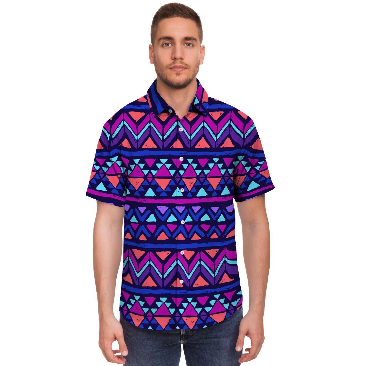 Blue Neon Color Indian Aztec Men's Short Sleeve Shirt-grizzshop