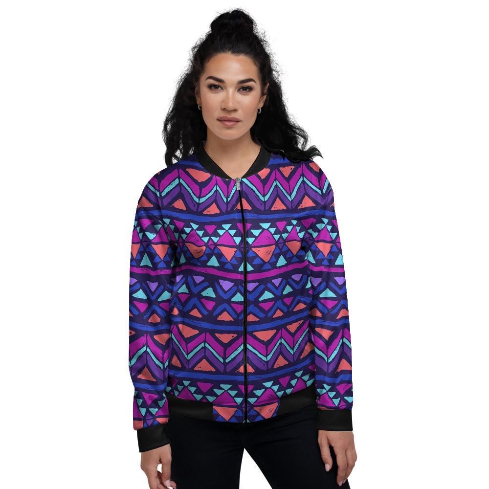 Blue Neon Color Indian Aztec Women's Bomber Jacket-grizzshop