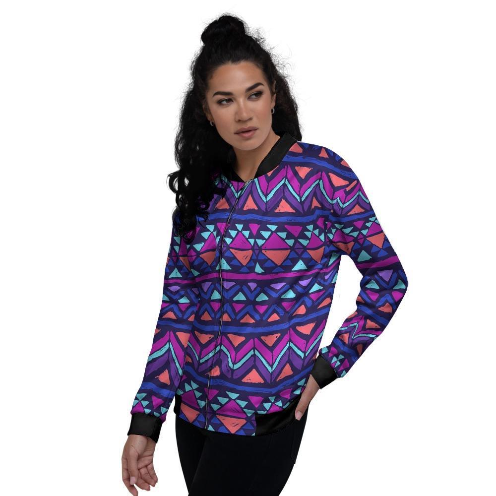 Blue Neon Color Indian Aztec Women's Bomber Jacket-grizzshop