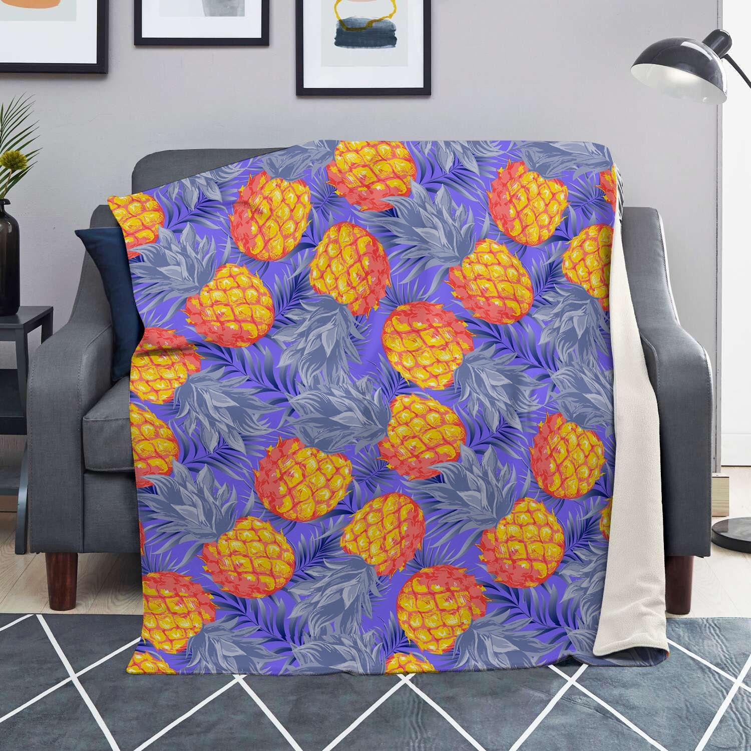 Blue Neon Pineapple Hawaiian Print Blanket-grizzshop