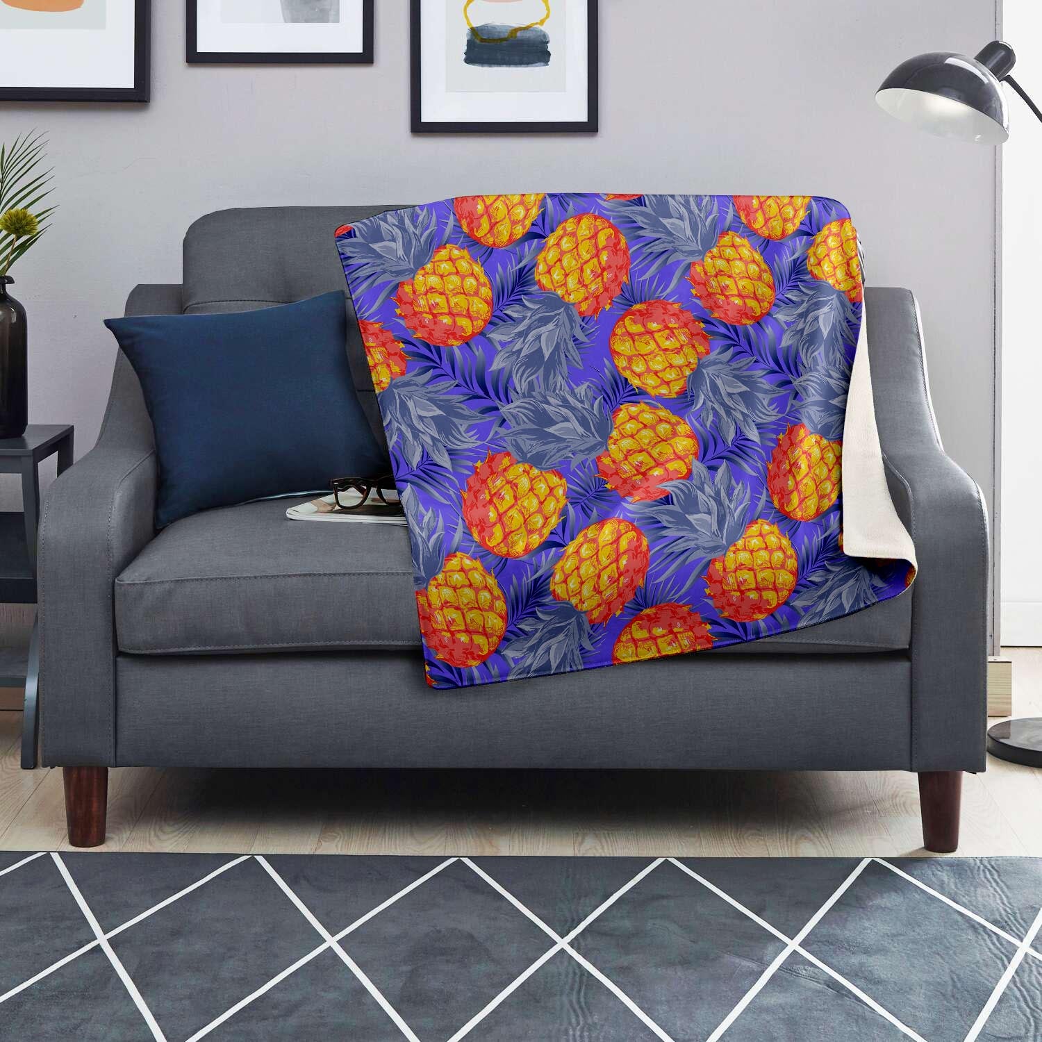 Blue Neon Pineapple Hawaiian Print Blanket-grizzshop