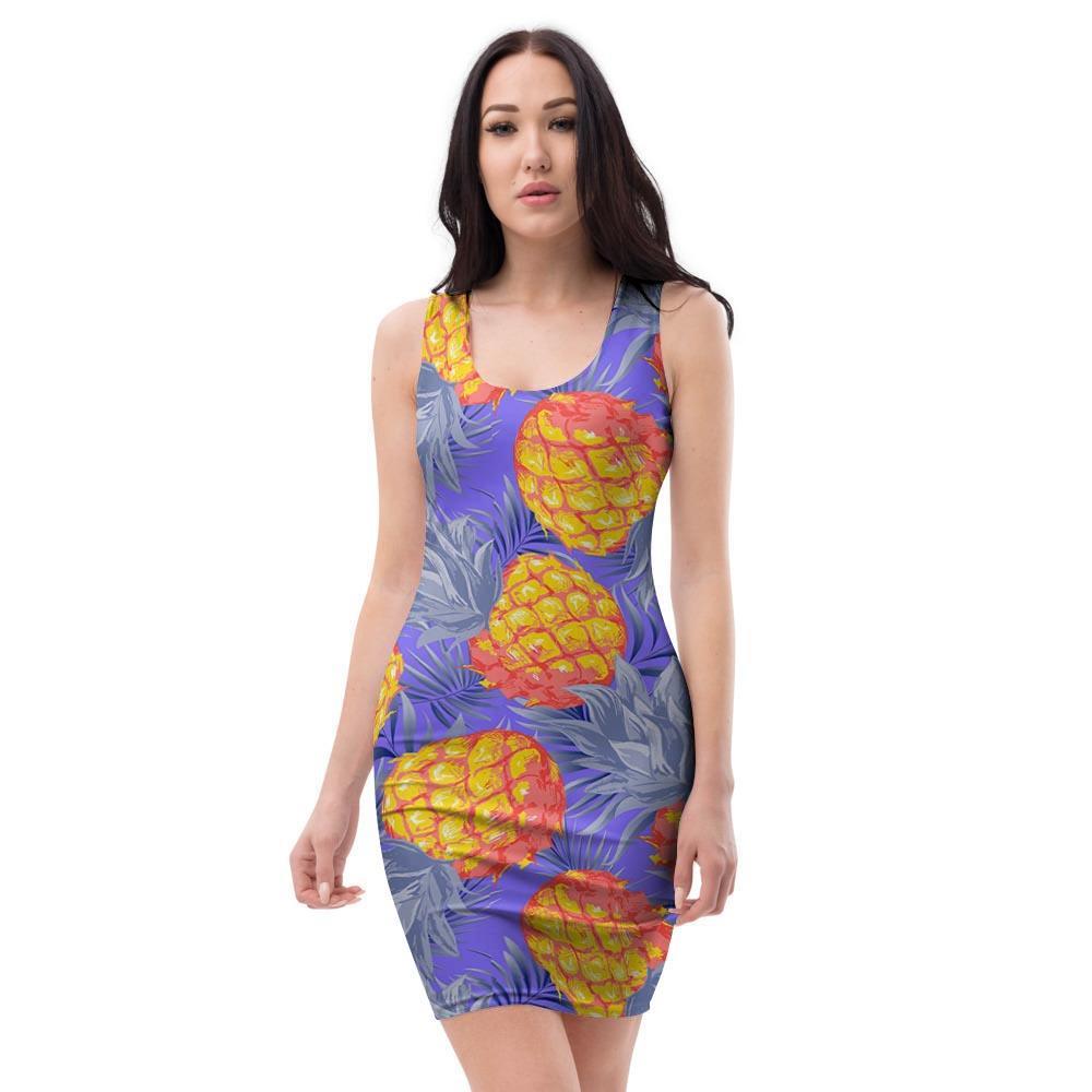 Blue Neon Pineapple Hawaiian Print Bodycon Dress-grizzshop