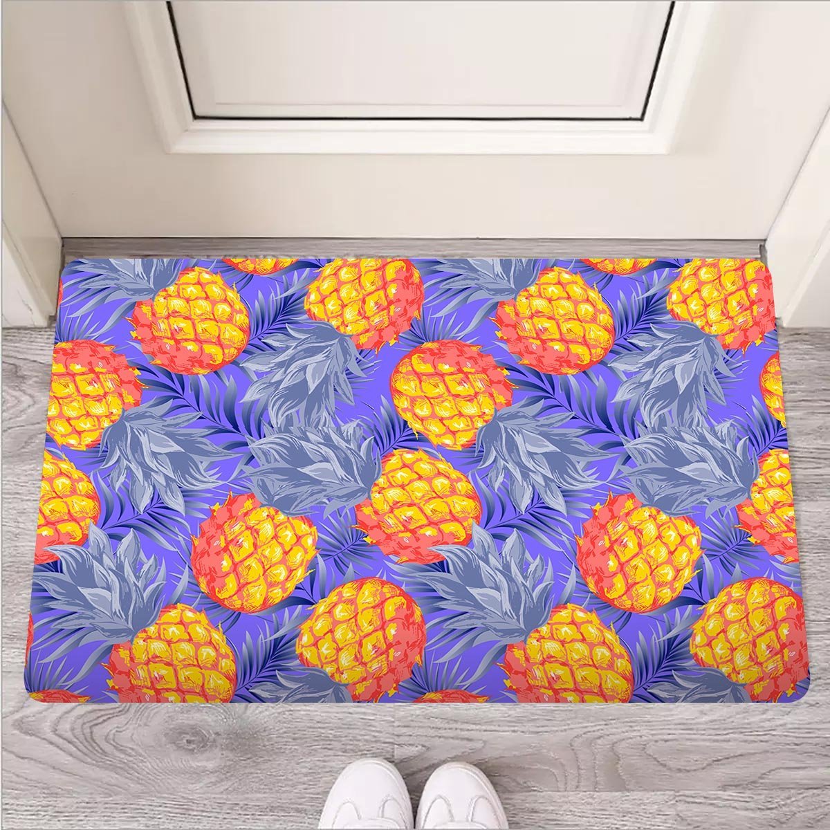Blue Neon Pineapple Hawaiian Print Door Mat-grizzshop