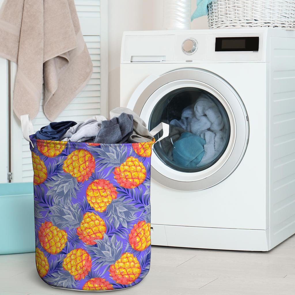 Blue Neon Pineapple Hawaiian Print Laundry Basket-grizzshop