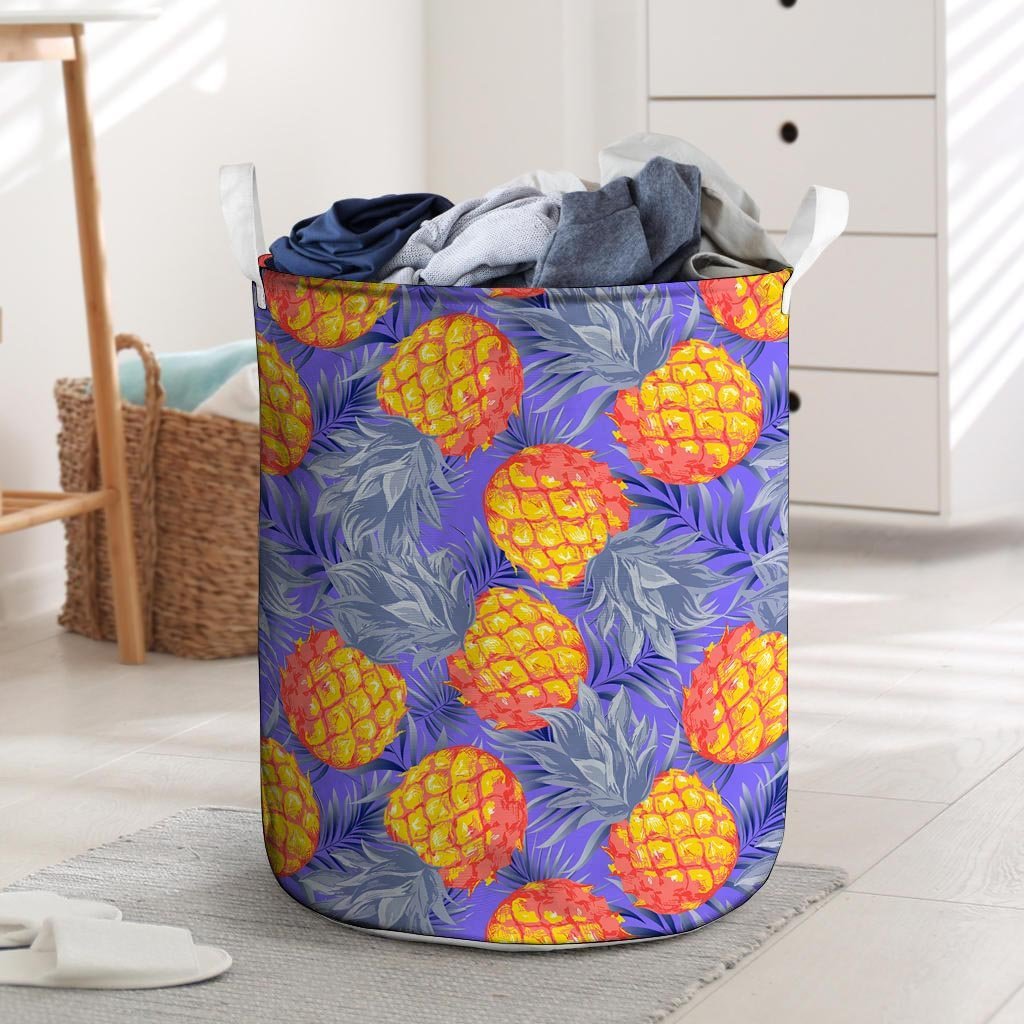 Blue Neon Pineapple Hawaiian Print Laundry Basket-grizzshop