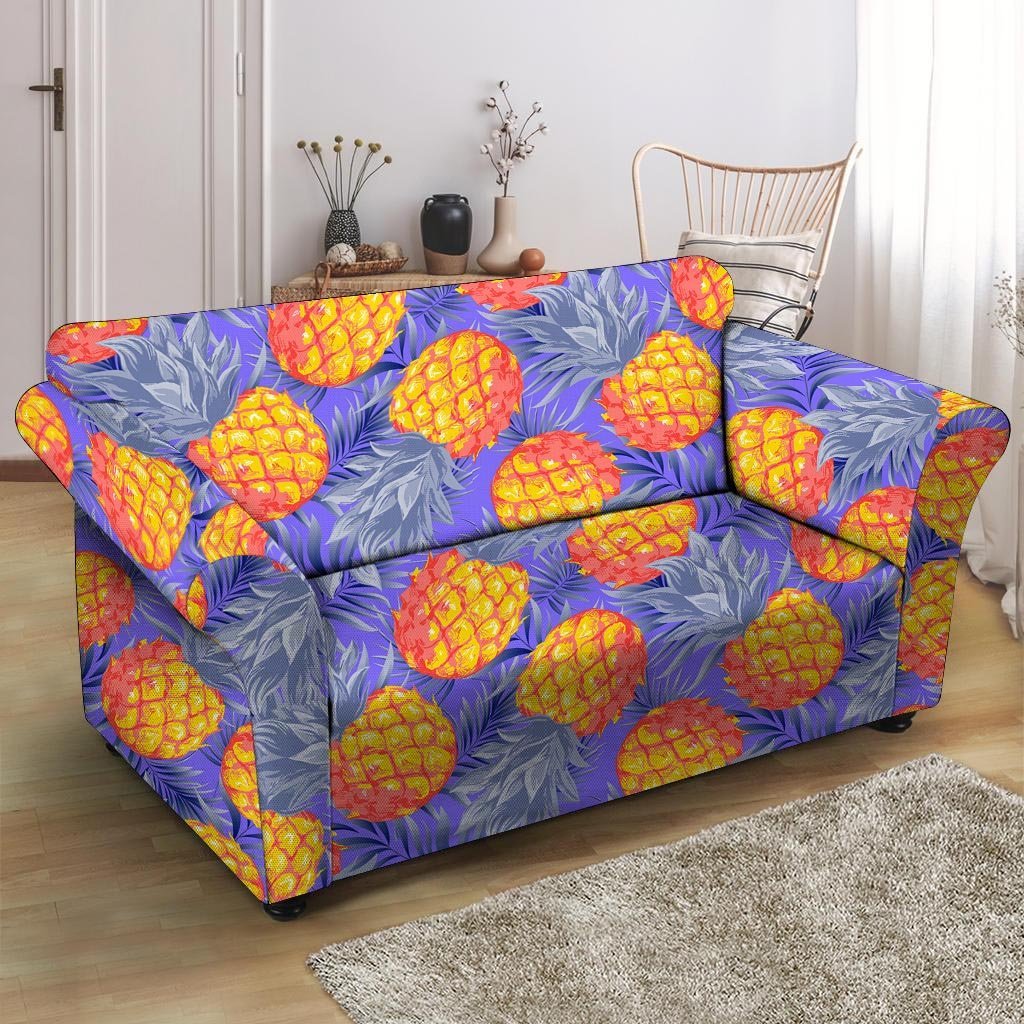 Blue Neon Pineapple Hawaiian Print Loveseat Cover-grizzshop