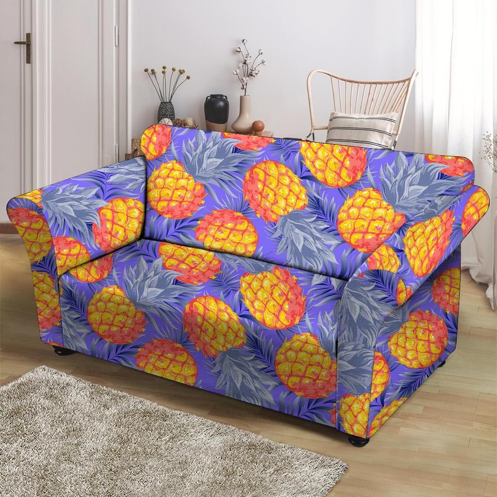 Blue Neon Pineapple Hawaiian Print Loveseat Cover-grizzshop