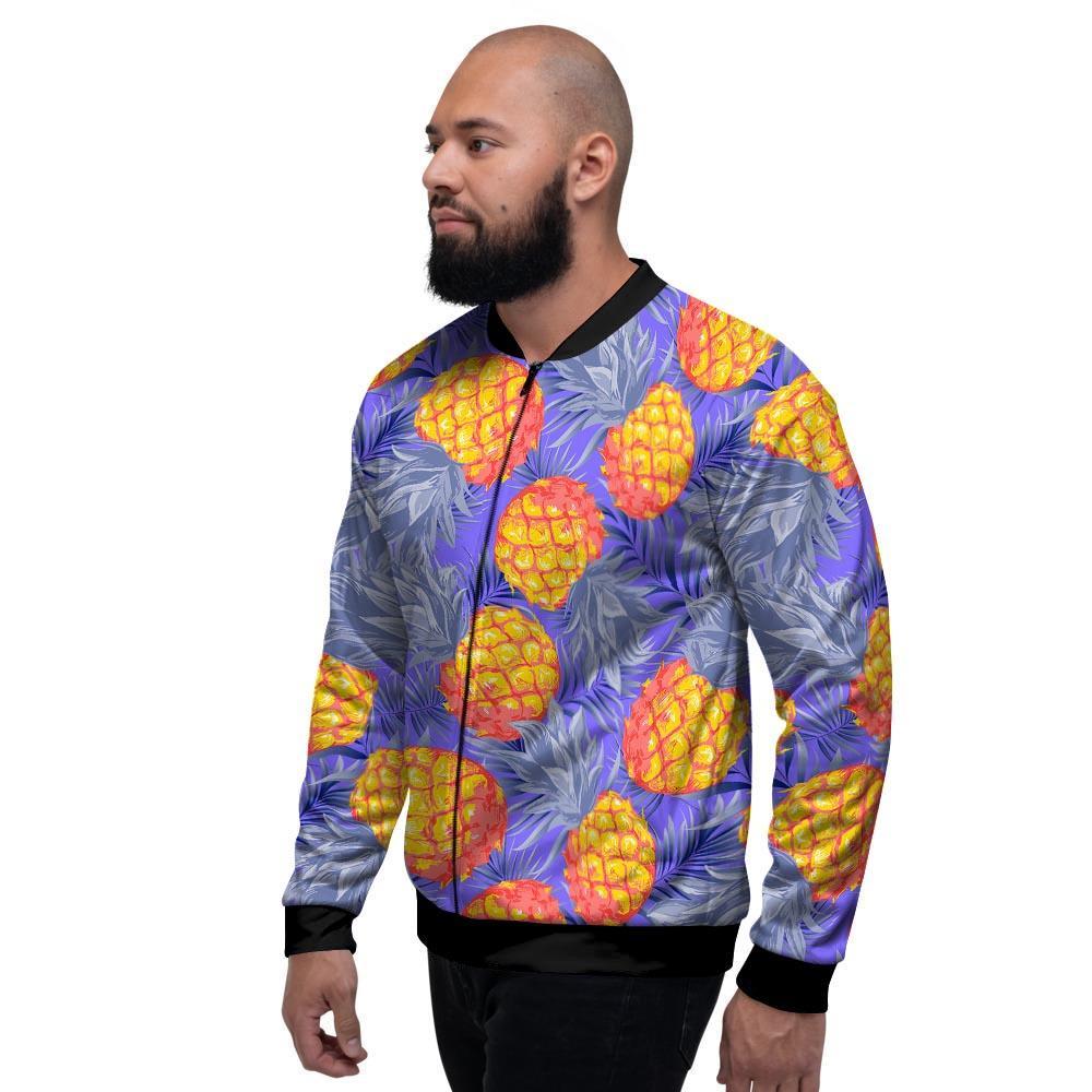 Blue Neon Pineapple Hawaiian Print Men's Bomber Jacket-grizzshop