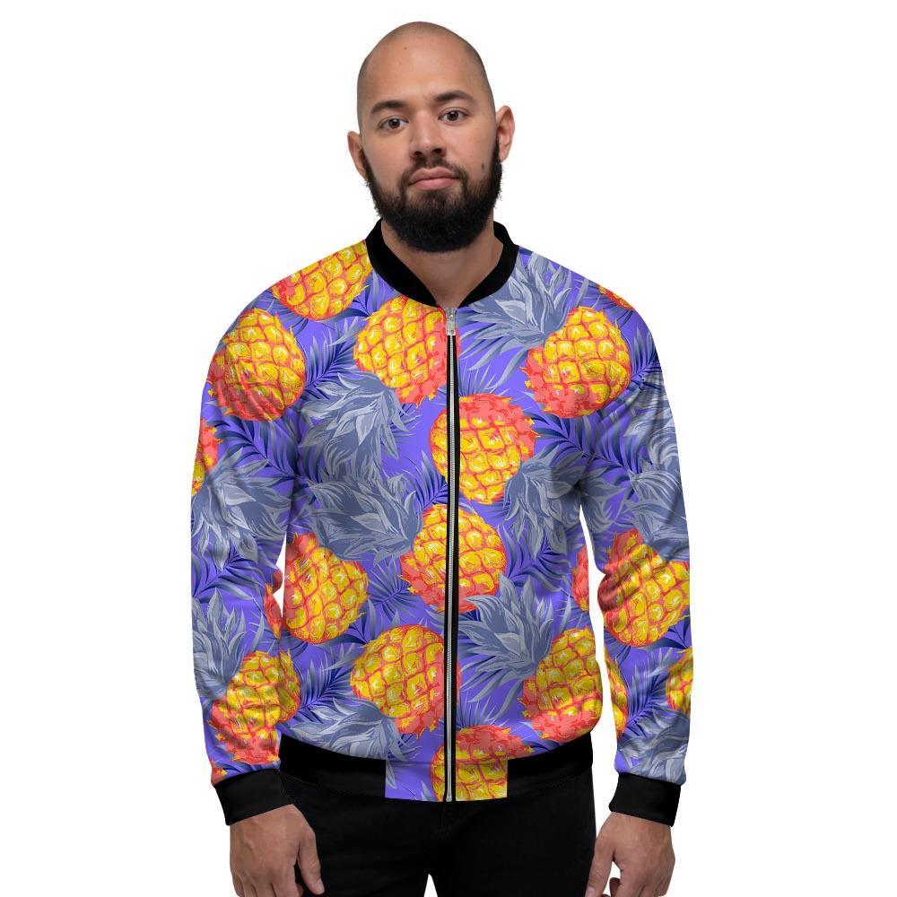 Blue Neon Pineapple Hawaiian Print Men's Bomber Jacket-grizzshop