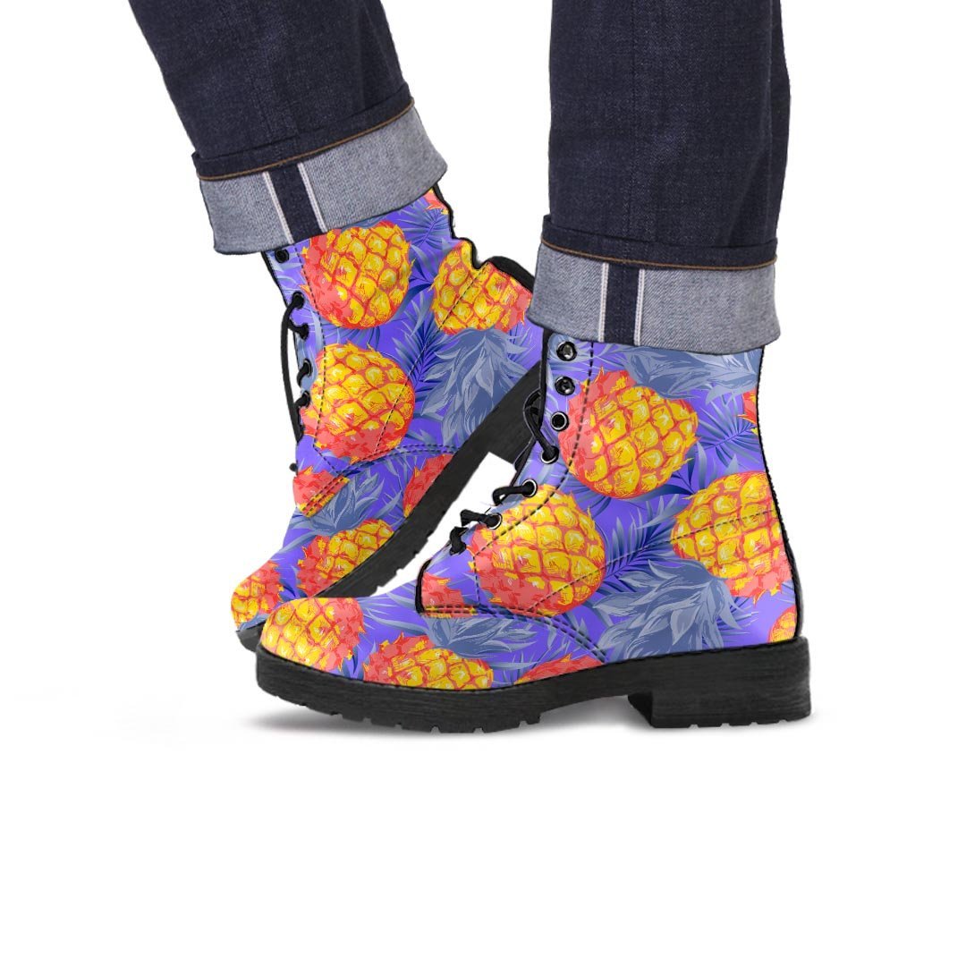 Blue Neon Pineapple Hawaiian Print Men's Boots-grizzshop