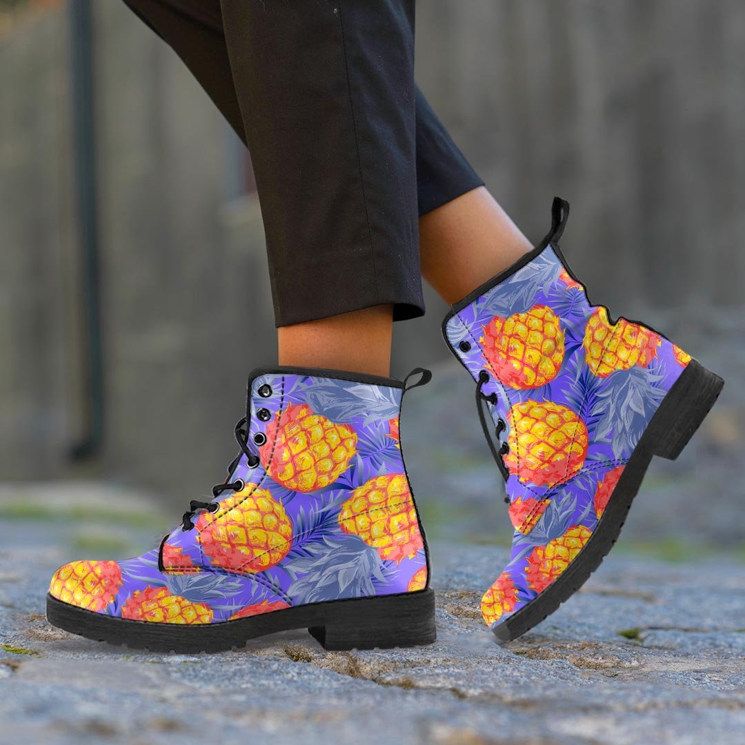 Blue Neon Pineapple Hawaiian Print Men's Boots-grizzshop