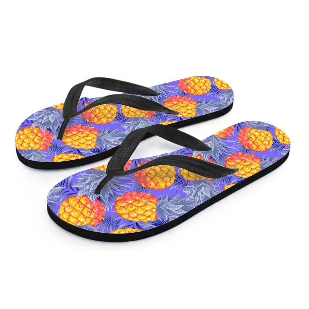 Blue Neon Pineapple Hawaiian Print Men's Flip Flops-grizzshop