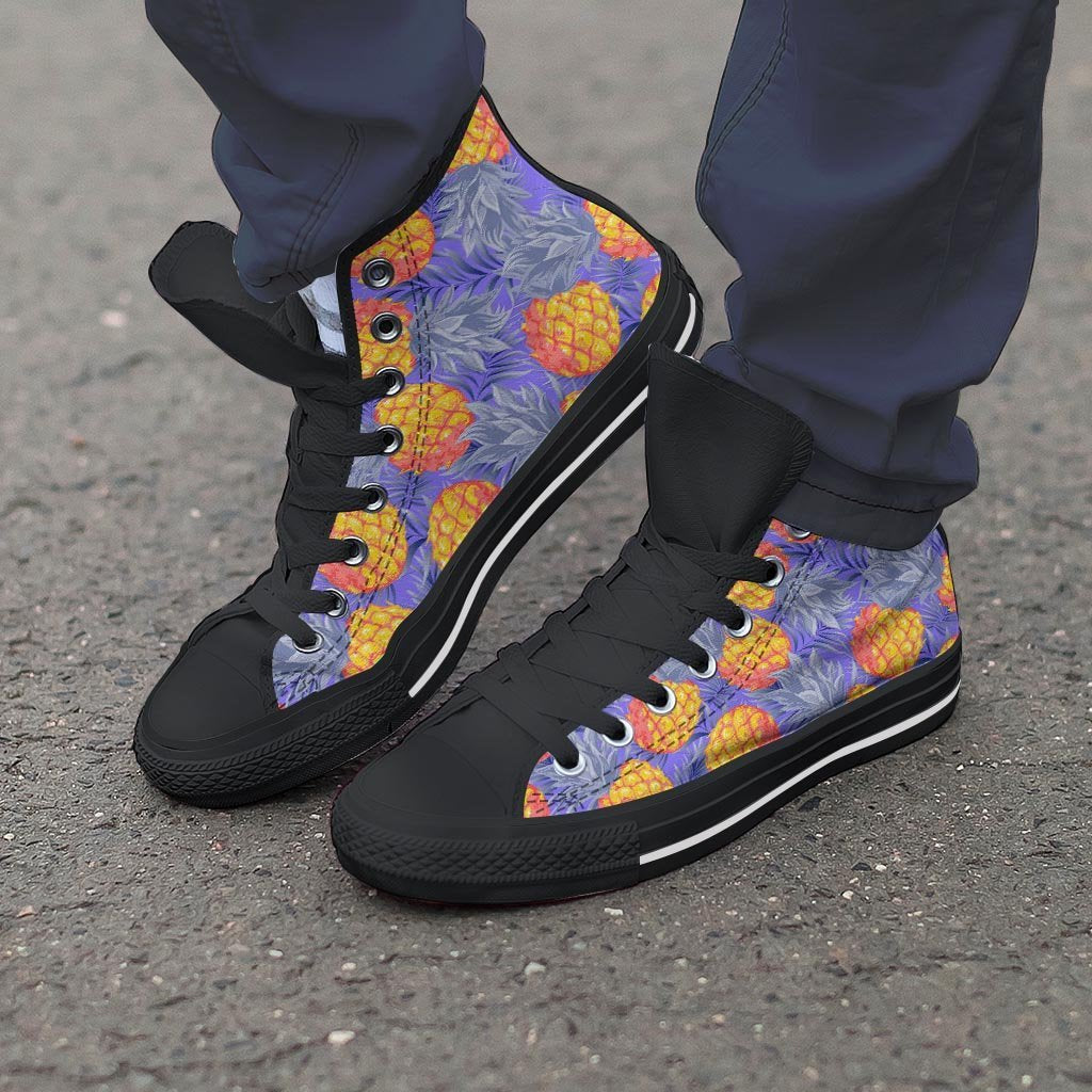 Blue Neon Pineapple Hawaiian Print Men's High Top Shoes-grizzshop