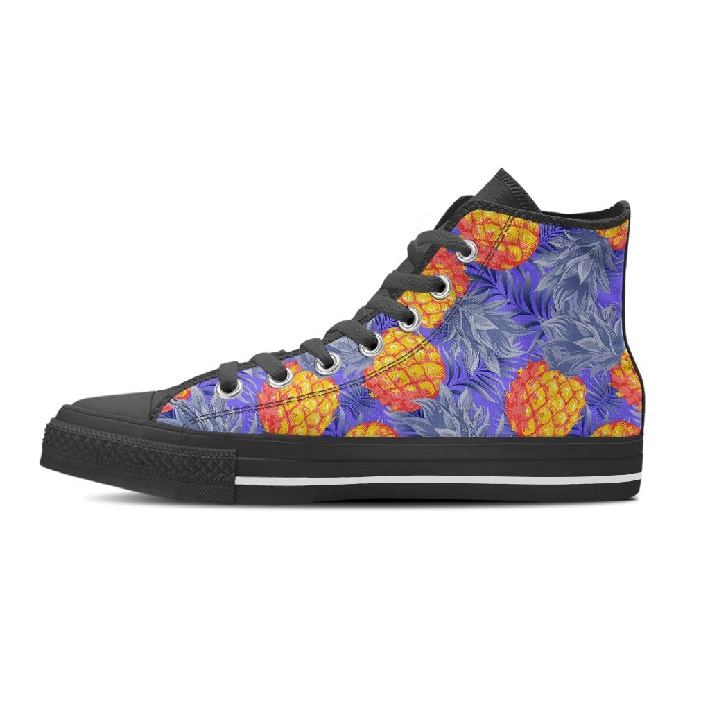 Blue Neon Pineapple Hawaiian Print Men's High Top Shoes-grizzshop