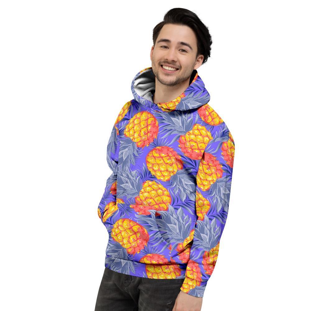 Blue Neon Pineapple Hawaiian Print Men's Hoodie-grizzshop