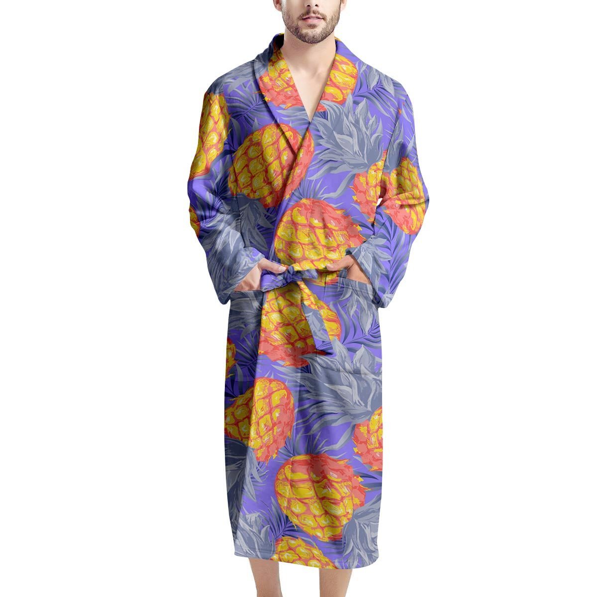 Blue Neon Pineapple Hawaiian Print Men's Robe-grizzshop