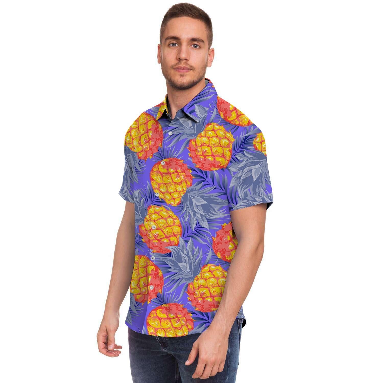 Blue Neon Pineapple Hawaiian Print Men's Short Sleeve Shirt-grizzshop