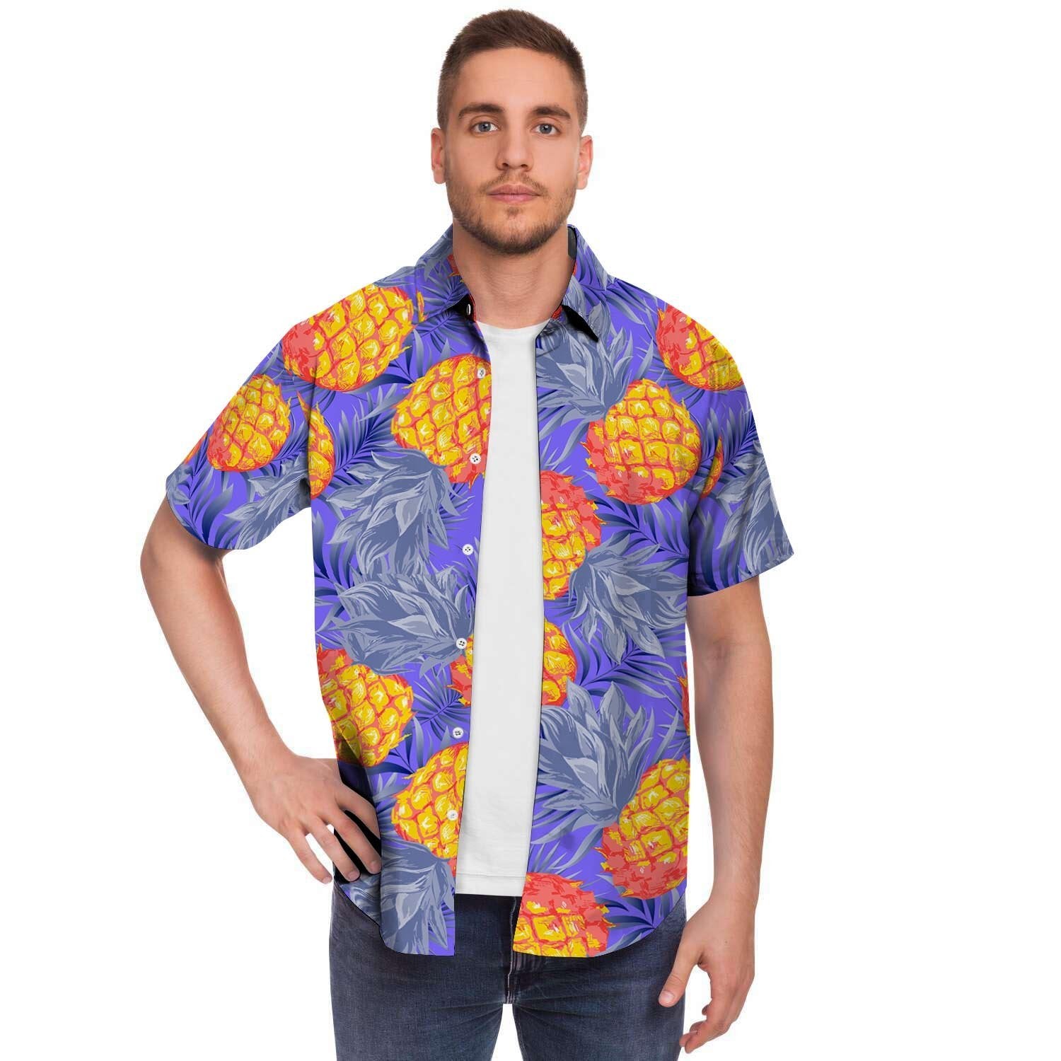 Blue Neon Pineapple Hawaiian Print Men's Short Sleeve Shirt-grizzshop