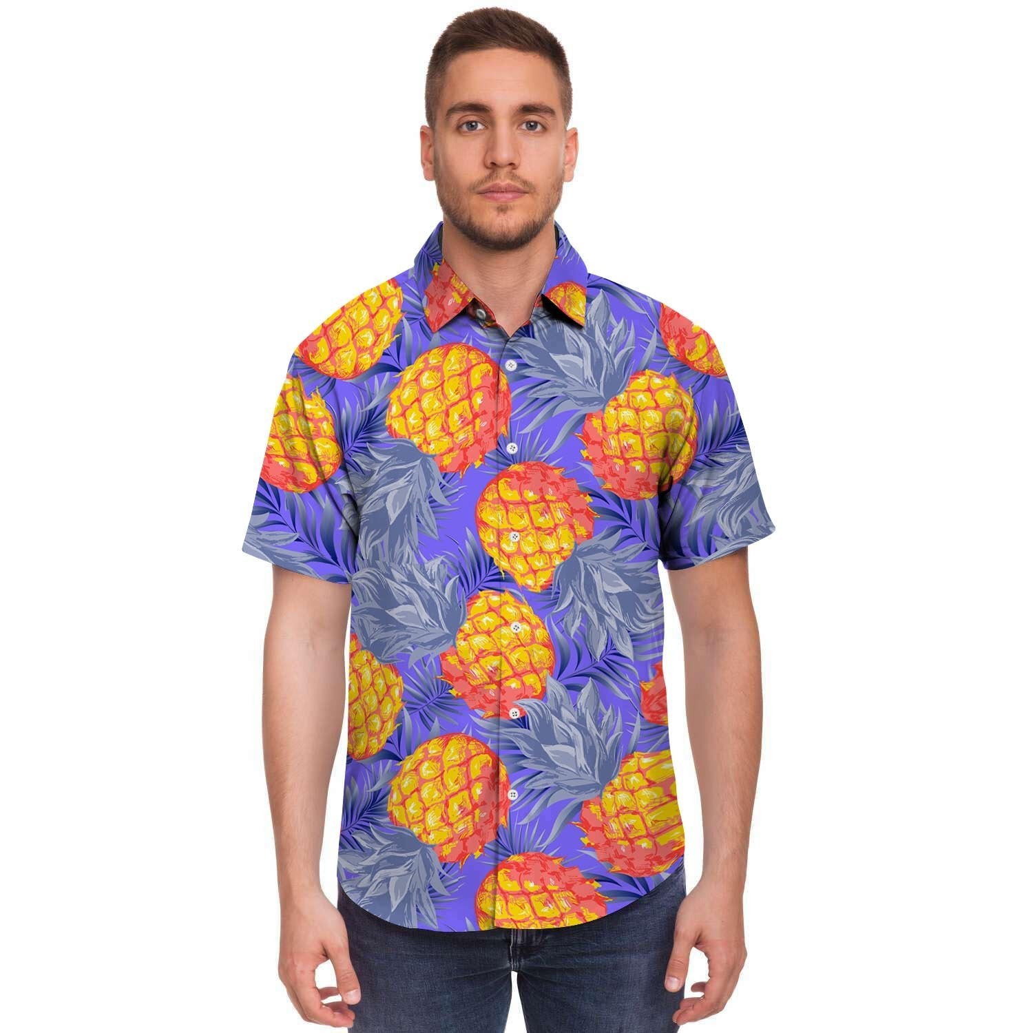 Blue Neon Pineapple Hawaiian Print Men's Short Sleeve Shirt-grizzshop